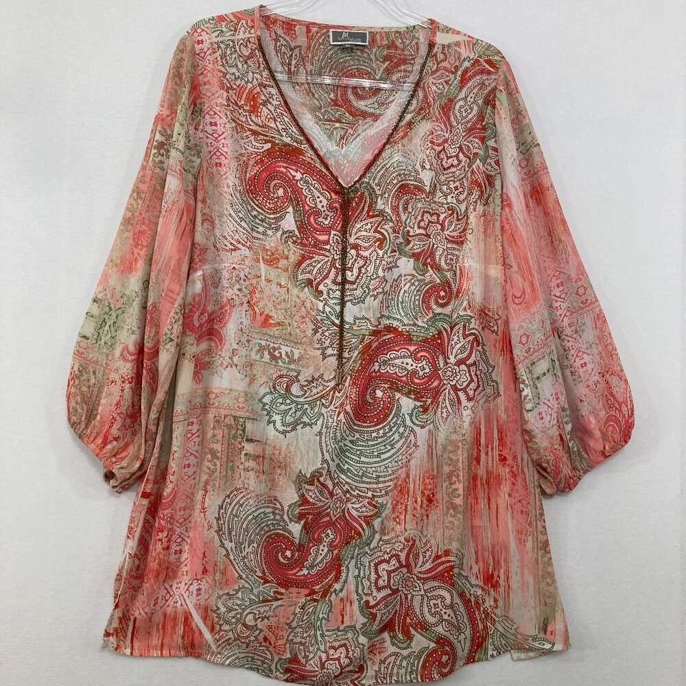 JM Collection size 2X Red Gray Paisley V Neck Chain Accents Chiffon Tunic